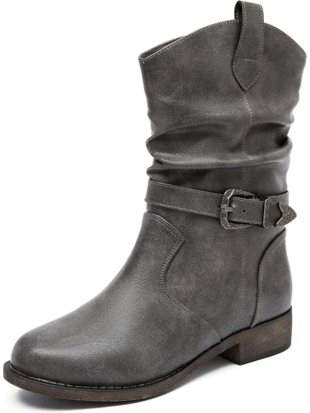 Women’s Grey Mid-Calf Western Boots, Low Heel Zipper Boots